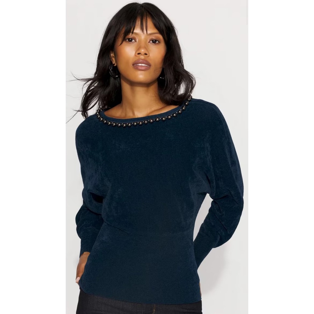 White House Black Market Beaded Neck Chenille Pullover River Teal XS 570400191